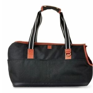 Pet Tote Carrier Black with Brown Trim and Striped Handles NWT